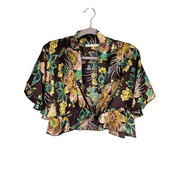 Charm Top Women L Brown Floral Silk Crop Peplum Y2K Retro Western Boho Neutral - Picture 1 of 14
